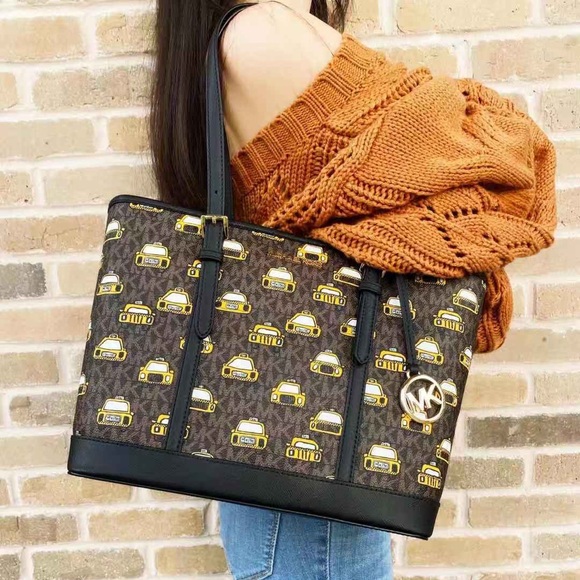 Michael Kors Jet Set Travel Top Zip Tote Brown MK Black Taxi - Picture 6 of 7